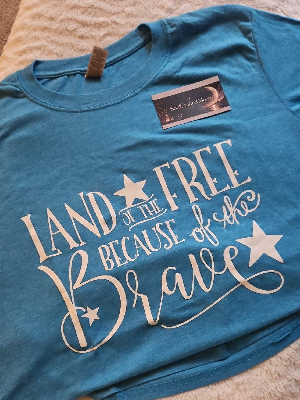 Gildan Blue Short Sleeve Tee with White 'Land of the Free' Graphic